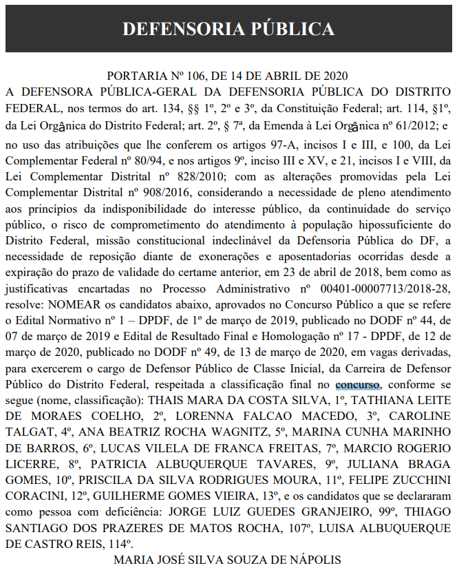 Concurso DPDF Defensor: portaria de nomeação.