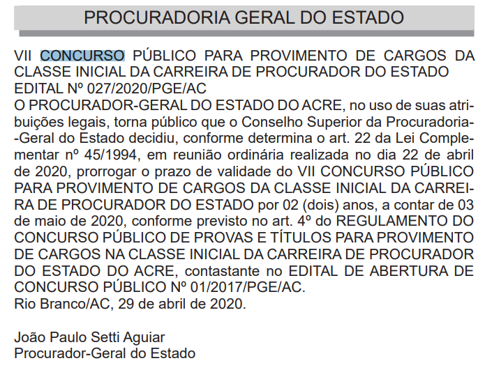 Concurso PGE Acre: vigente até 2022.