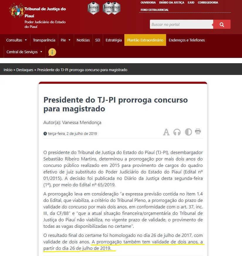concurso tj pi juiz - prorrogacao do certame