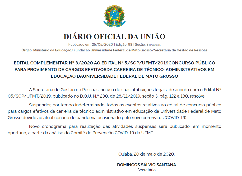 Concurso UFMT: comissão anuncia suspensão do certame.