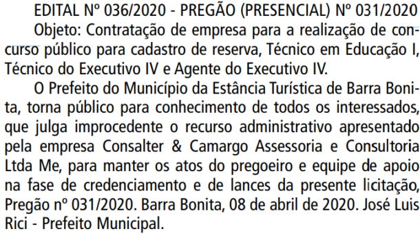 Concurso Prefeitura de Barra Bonita SP: Banca definida. VEJA!