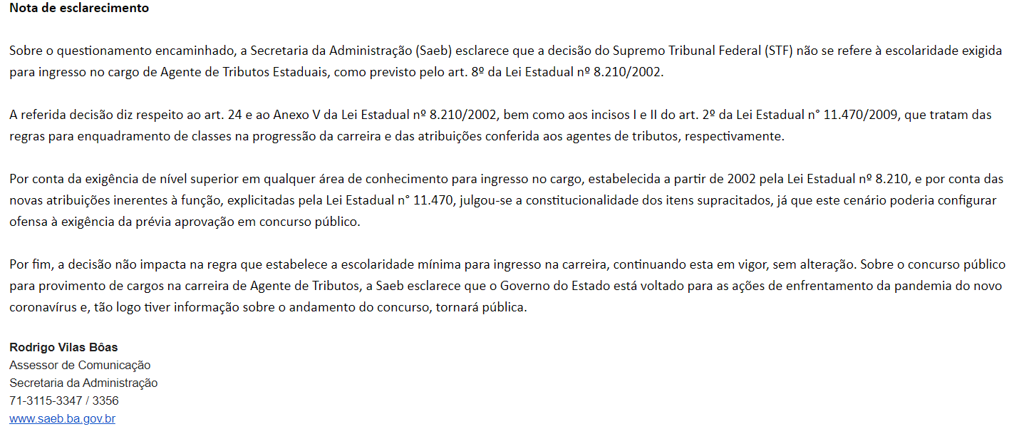 Concurso Sefaz BA: nota de esclarecimento da assessoria