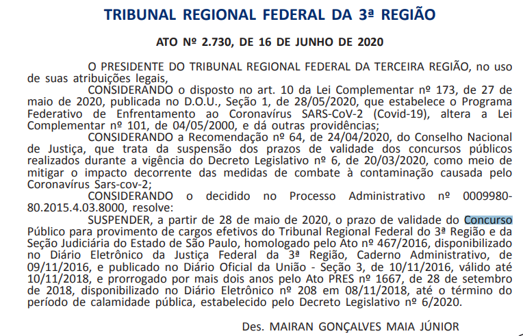 Concurso TRF 3 2015: validade suspensa.