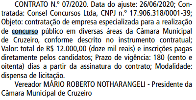 Diário oficial com a contração da banca para Concurso Câmara de Cruzeiro. 