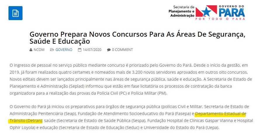 concurso detran pa - andamento e demais informacoes