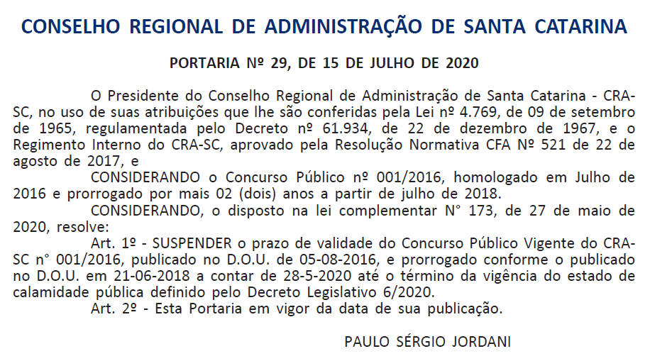 Concurso CRA SC: validade suspensa do concurso de 2016.