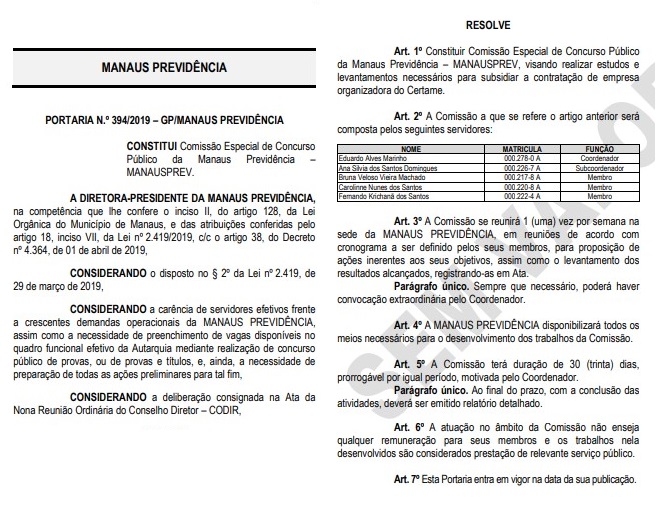 concurso manausprev - comissao designada
