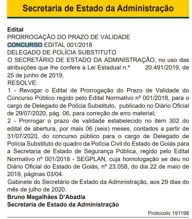 Concurso PC GO Delegado: validade prorrogada a partir de julho de 2020.