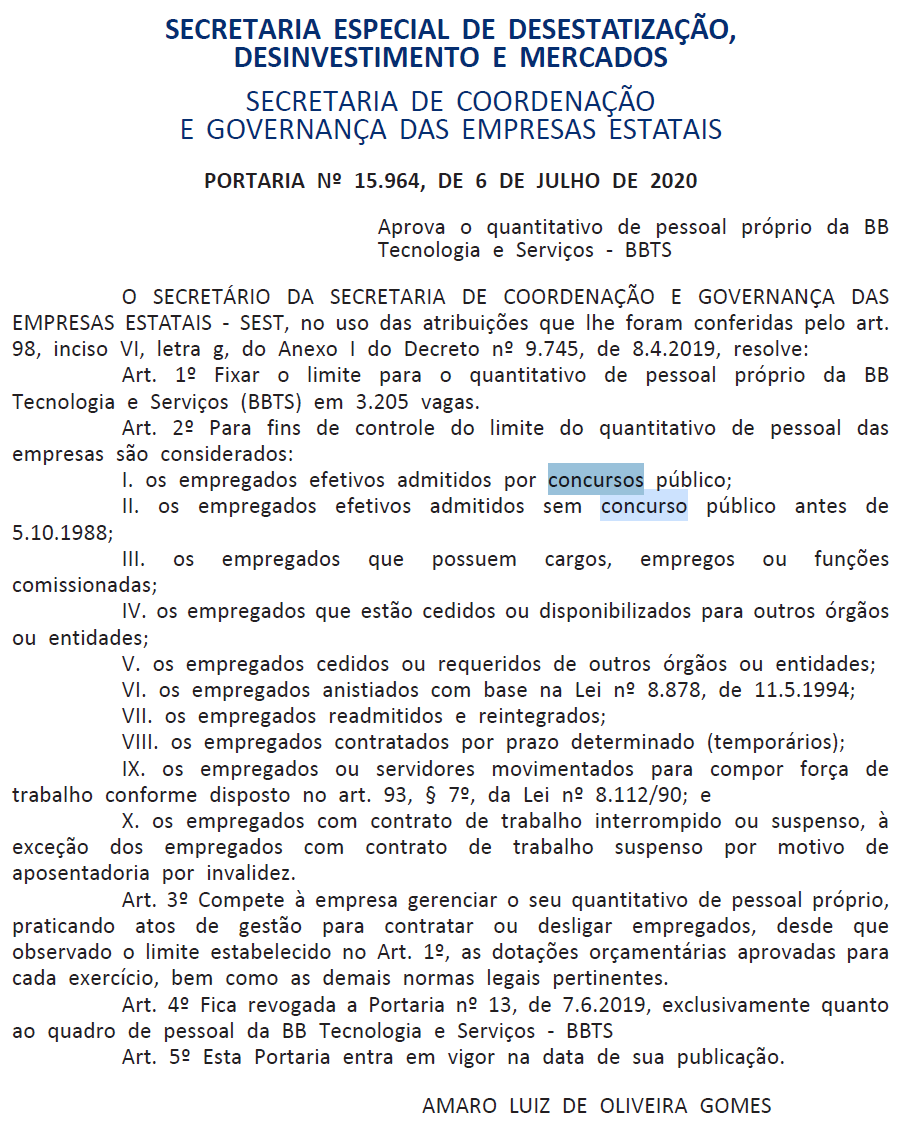 Concurso Banco do Brasil BBTS: portaria!
