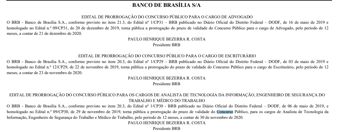 Concurso BRB: edital prorrogado para o cargo de advogado