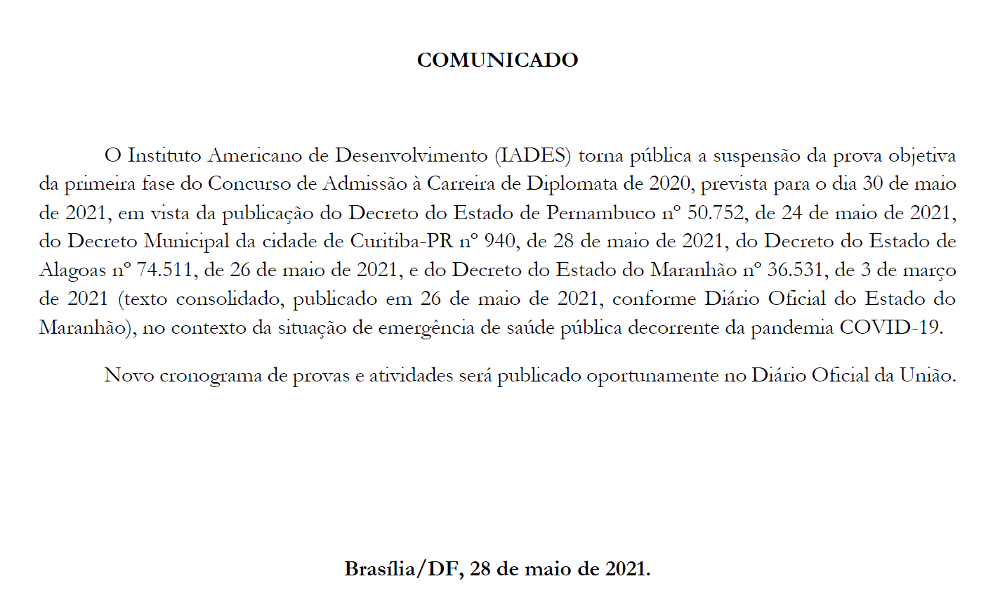Concurso Diplomata 2020: comunicado de suspensão