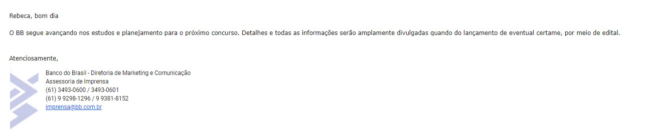 Concurso Banco do Brasil: resposta da ASCOM