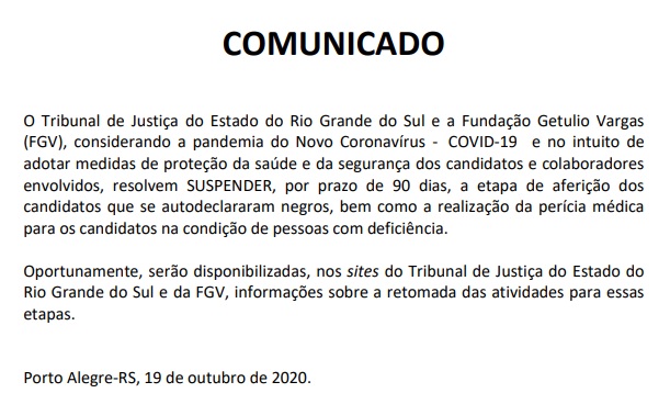 <strong>Concurso TJ RS 2019:</strong> suspensão das etapas de aferição dos candidatos que se autodeclararam negros e da perícia médica