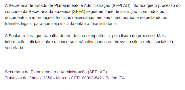 Concurso SEFA PA: resposta da SEPLAD Concurso SEFA PA: resposta da SEPLAD
