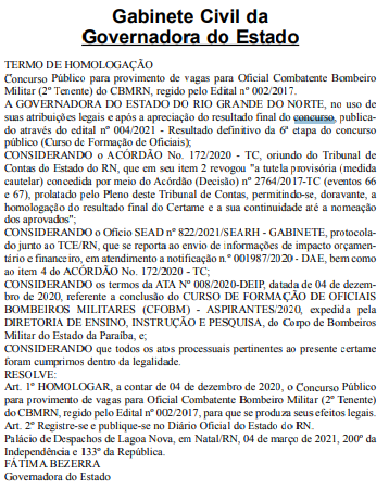 Concurso Bombeiro RN: edital homologado