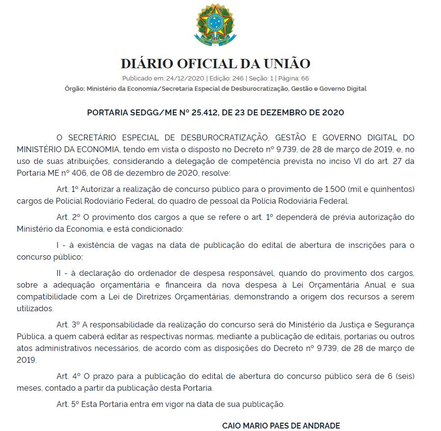 Concurso PRF: Autorização publicada no Diário Oficial