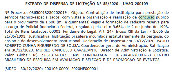 Concurso PRF: Extrato de dispensa de licitação nº 35/2020 - UASG 200109