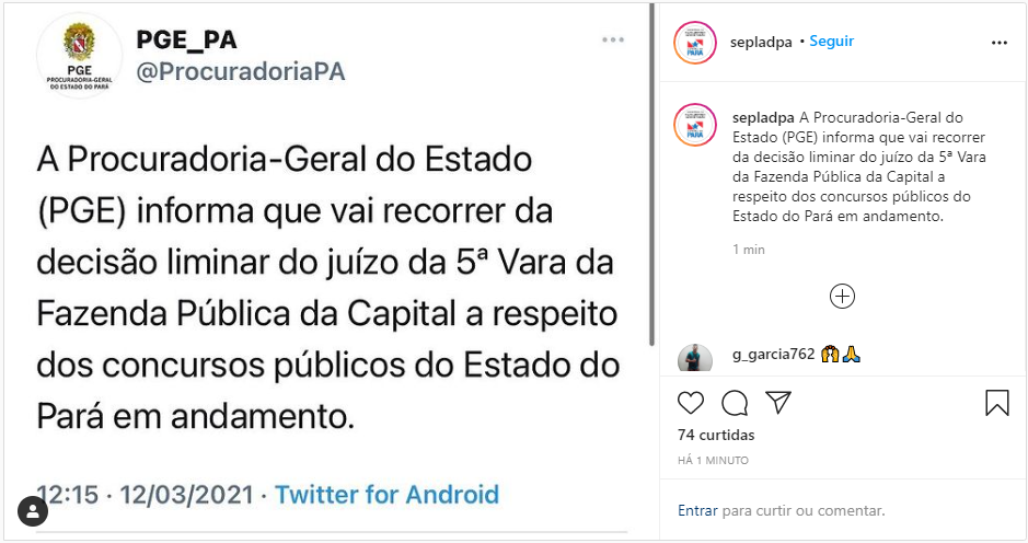 Concursos Pará: PGE recorrerá Reprodução/Instagram