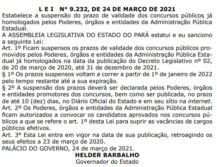 Concursos Pará - governador estabelece a suspensão dos prazos de validade
