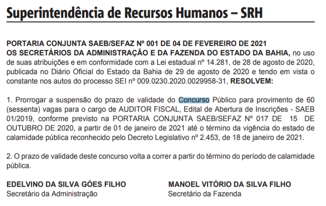 Concurso Sefaz BA: prorrogação