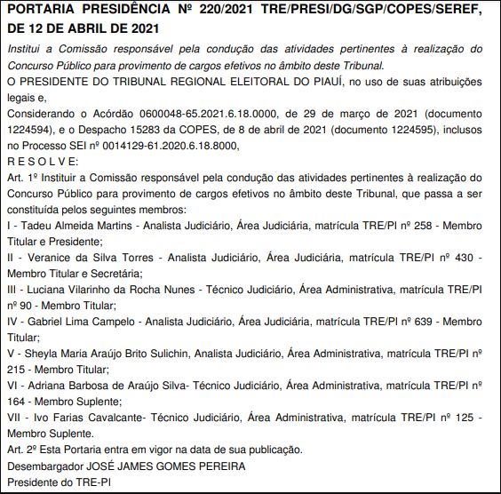 Concurso TRE PI comissão formada