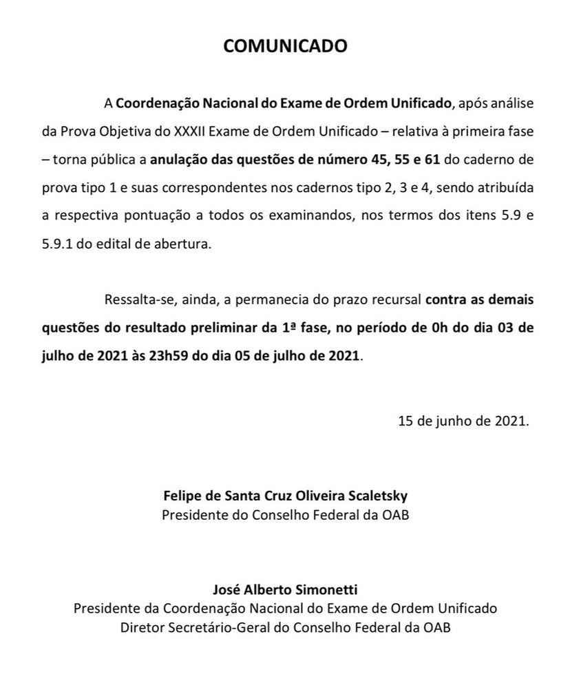 Prova OAB: comunicado de suspensão das questões 45, 55 e 61