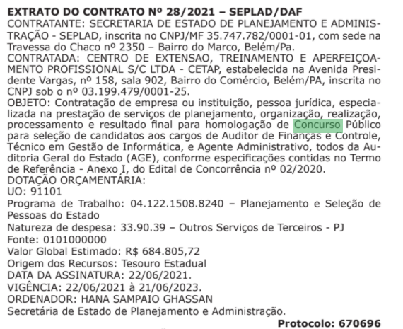 Concurso AGE PA: extrato do contrato