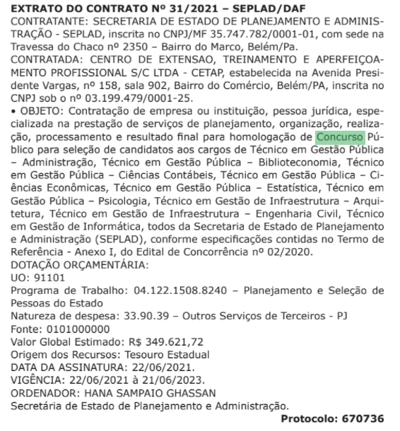 Concurso SEPLAD PA: extrato do contrato