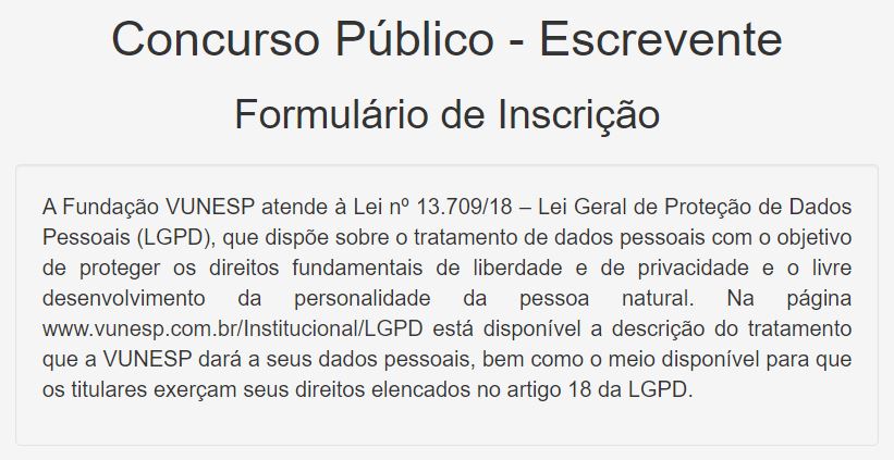Concurso TJ SP: informação sobre a lei LGPD no formulário de inscrição