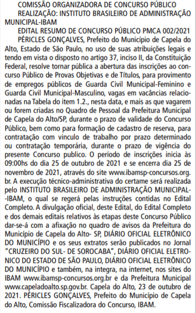 Concurso PREFEITURA MUNICIPAL DE CAPELA DO ALTO SP: Extrato de edital