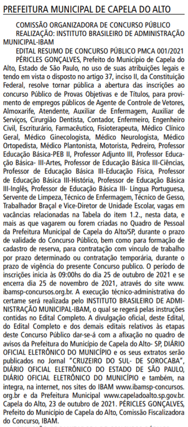 Concurso PREFEITURA MUNICIPAL DE CAPELA DO ALTO SP: Extrato de edital