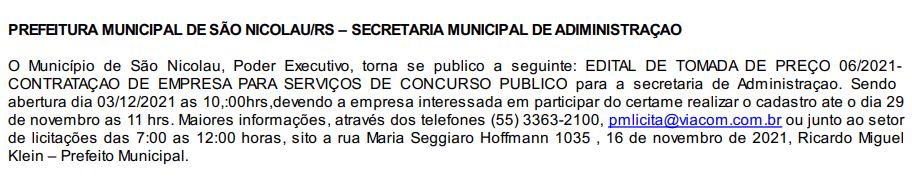 Concurso Prefeitura de São Nicolau RS: banca em definição!