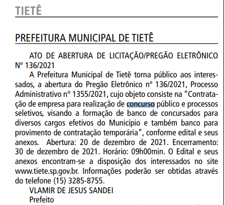 Concurso Prefeitura de Tietê SP: banca em definição. VEJA!