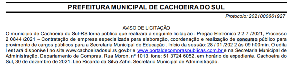 Concurso Prefeitura de Cachoeira do Sul 