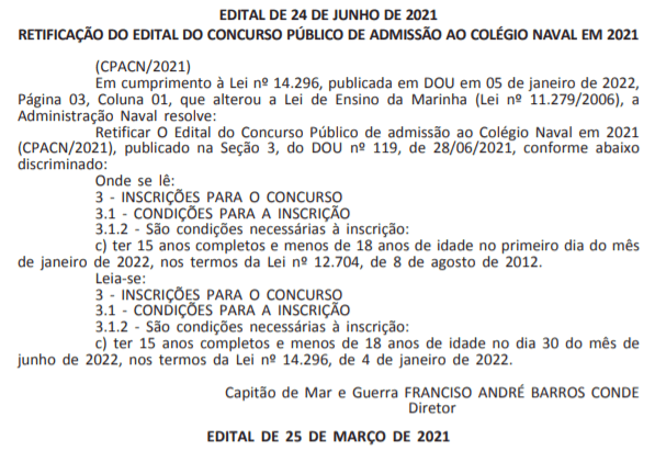 Concurso Marinha Colégio Naval: retificação de edital