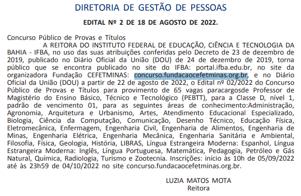 IFBA publica edital de concurso público que oferta 193 vagas para nível  superior. Iniciais de até 9.114,67