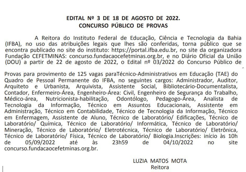 IFBA publica edital de concurso público que oferta 193 vagas para nível  superior. Iniciais de até 9.114,67