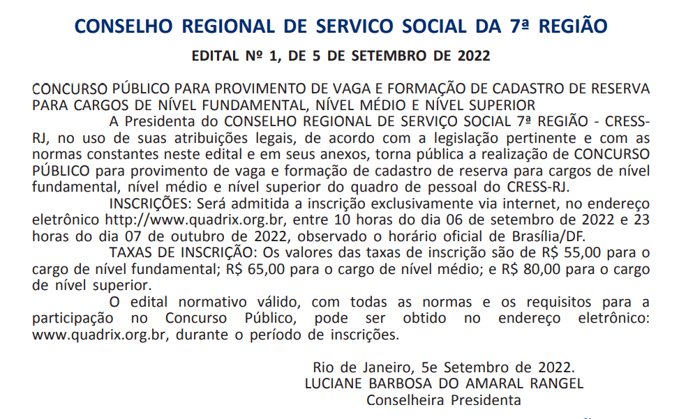 Concurso Cress RJ: oficializada a organizadora da seleção - Degrau Cultural