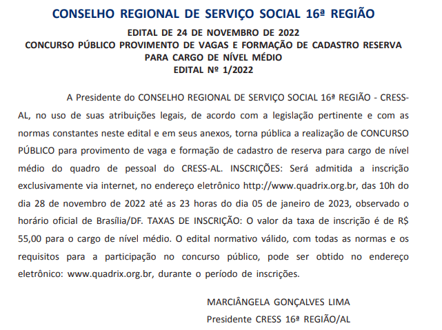 Publicado Edital Concurso CRESS / RJ - 2022: Ag. Administrativo, Ag. Fiscal  e Aux. Serviços Gerais 