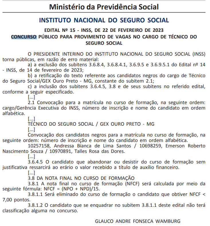 Edital de 24 de agosto de 2023: convocação de candidatos para o