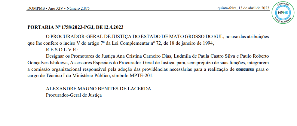 Concurso MP MS: comissão formada.