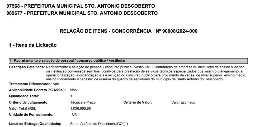 Prefeitura de Santo Antônio do Descoberto pretende contratar banca organizadora