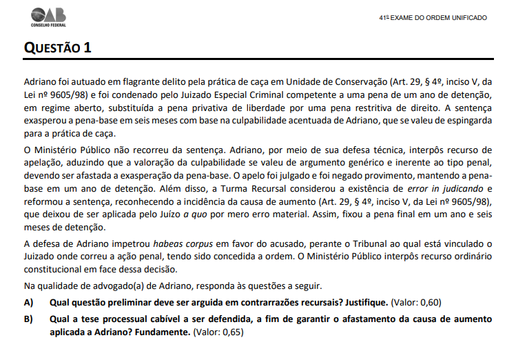 Exame OAB: questão discursiva (41° Exame) exemplo