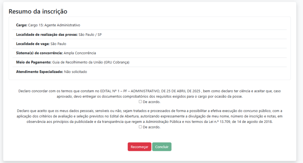 Inscrições Concurso Polícia Federal Administrativo: Passo 15
