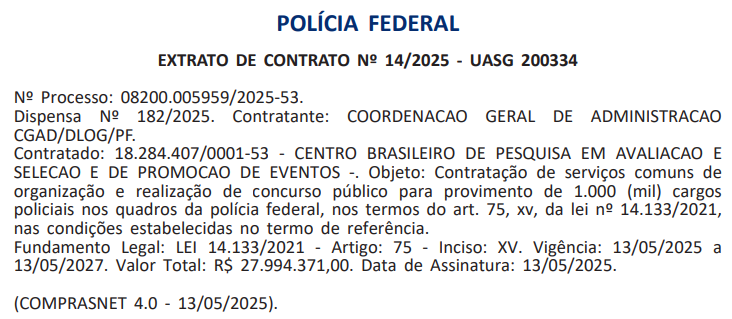 Concurso PF: Extrato de contrato publicado no DOU
