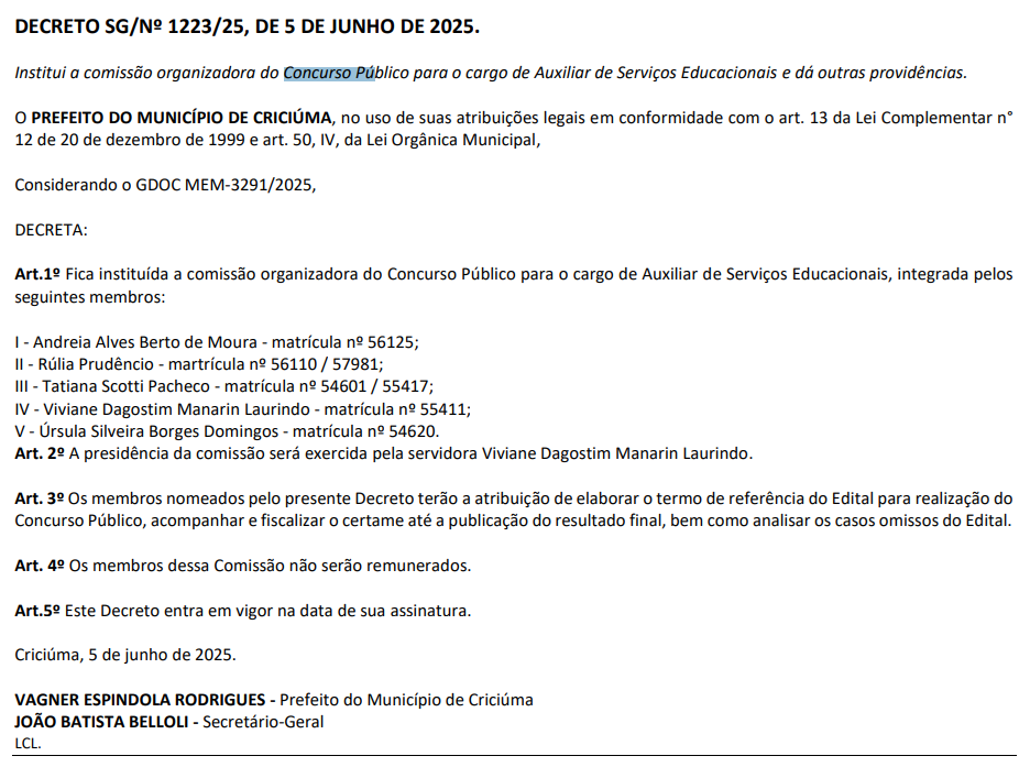 Concurso SME Criciúma SC: comissão formada