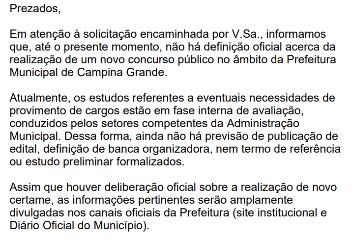 Prefeitura confirma concurso Campina Grande PB em fase de estudos