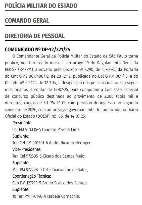 Concurso PM SP: Comissão formada