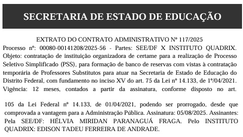 Recorte do Diário Oficial da União sobre extrato de contrato da banca Instituto Quadrix para o concurso SEDF Temporários.