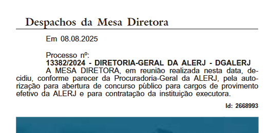 Concurso Alerj: Autorização do concurso e início do processo para contratação da banca